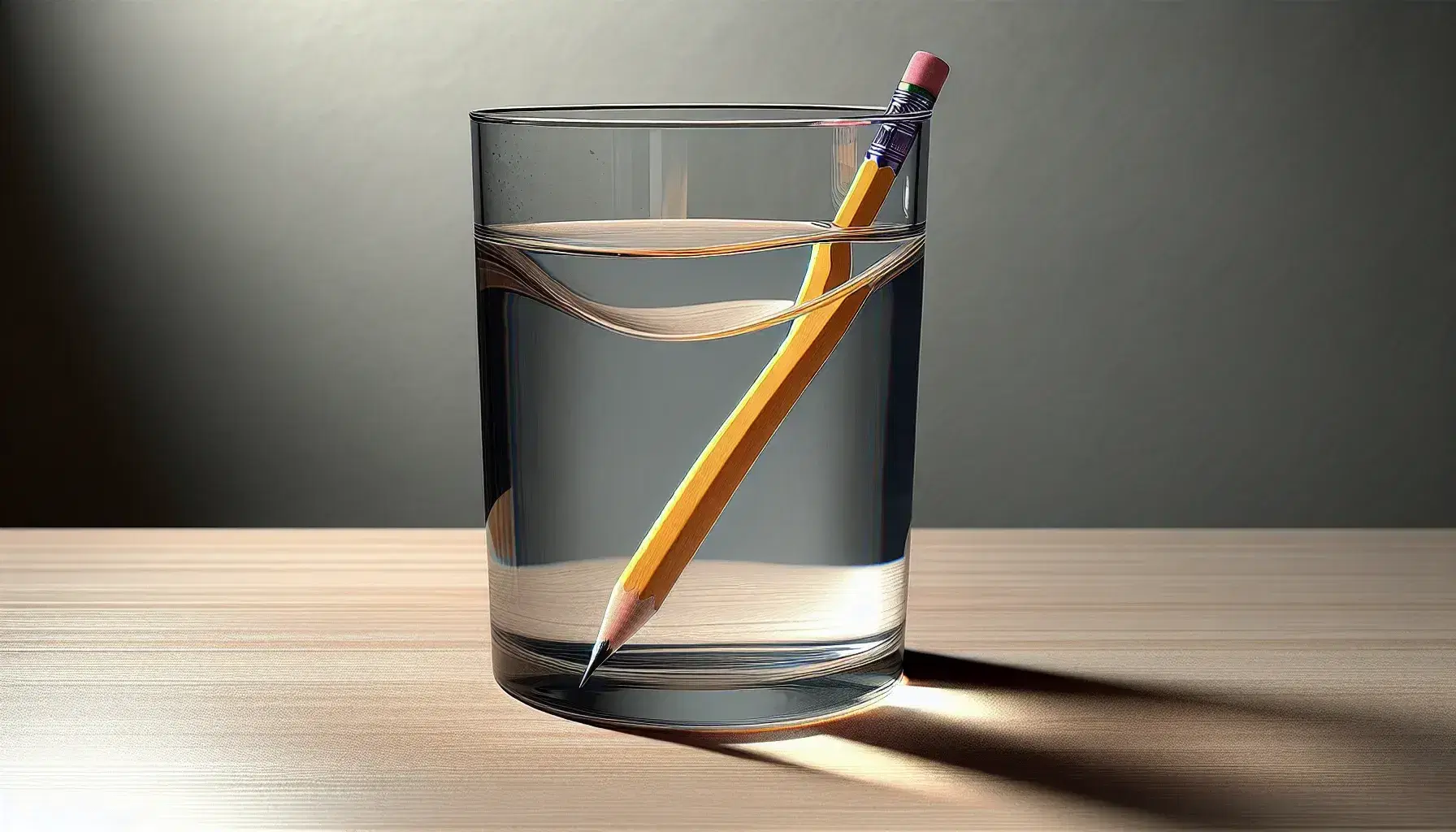 Bicchiere trasparente pieno d'acqua con matita colorata che sembra piegata per effetto della rifrazione, su tavolo chiaro.