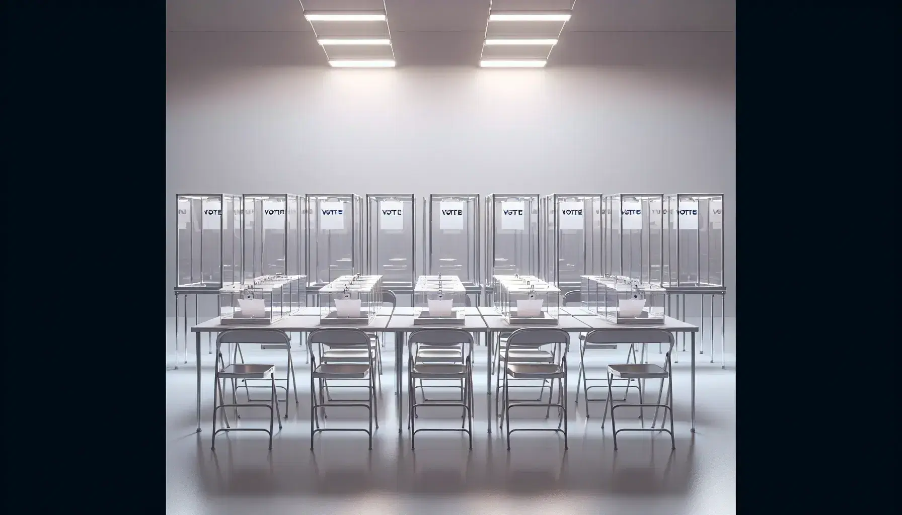Urna de votación transparente alineada en mesa con mantel blanco, cabina de votación y silla metálica plegable, ambiente iluminado y sin personas.