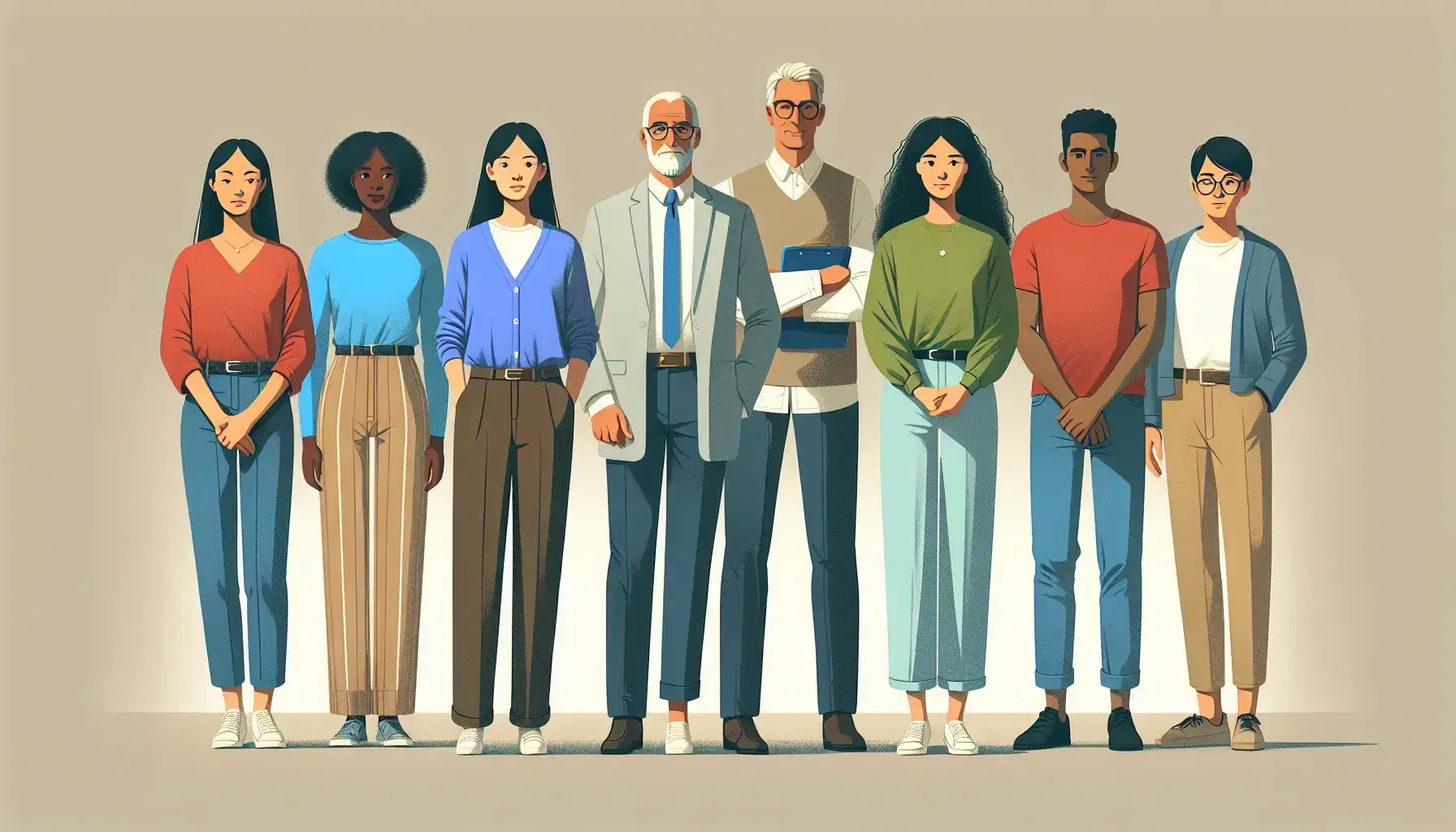 Diverse team in semi-circle formation, including South Asian woman in blue, bald Caucasian man in grey suit, Black woman in green, young man in red, person in purple, and Asian woman in navy blazer.
