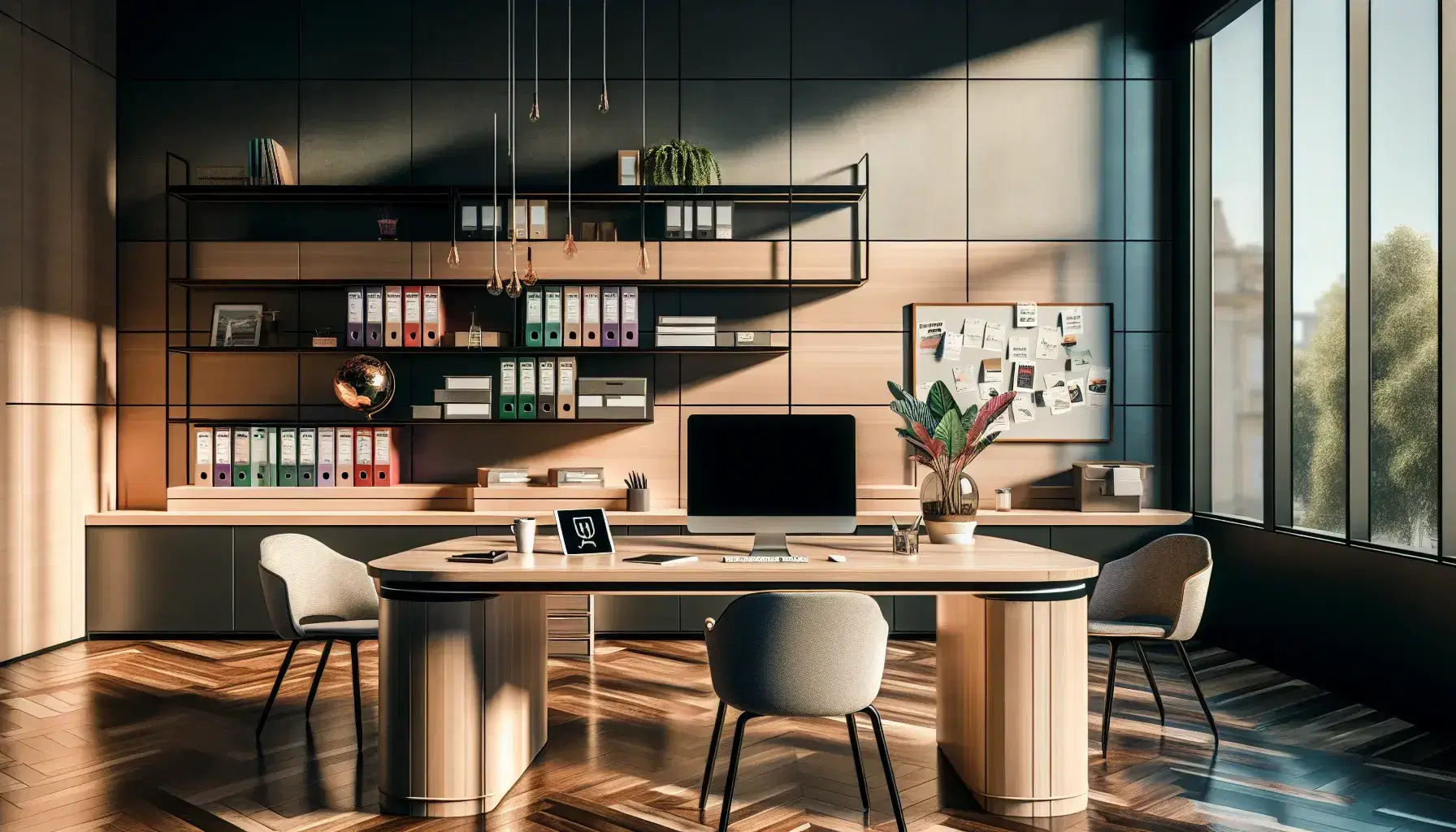 Ufficio moderno con scrivania in legno chiaro, sedie ergonomiche grigie, laptop, tablet, cellulare, pianta verde e tazza di caffè, scaffali con raccoglitori colorati e lavagna bianca.