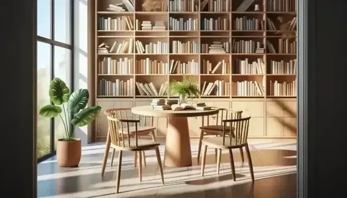 Biblioteca moderna y luminosa con estanterías de madera clara llenas de libros, mesa redonda central con sillas a juego y planta verde en primer plano.