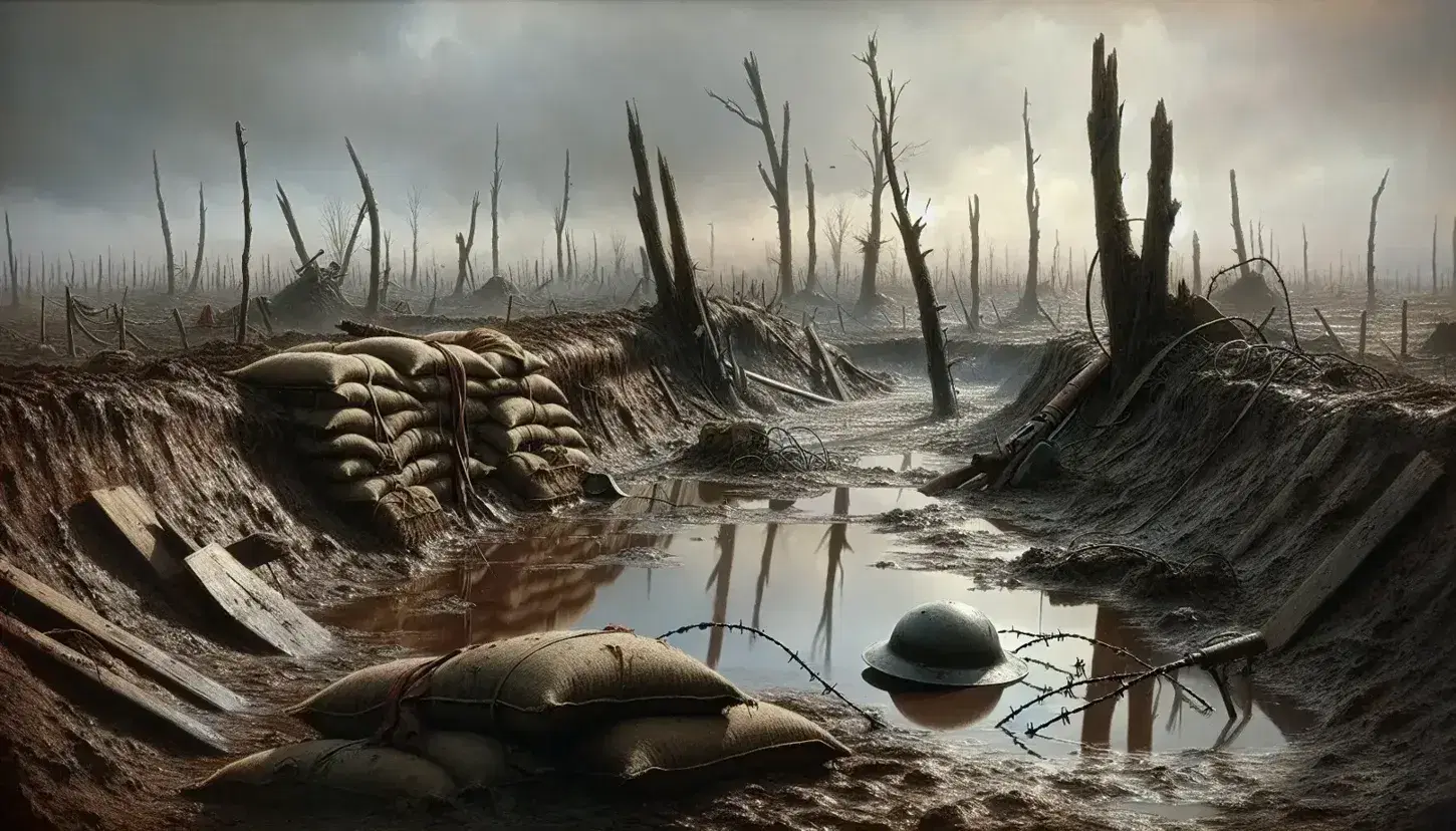 Desolate WWI battlefield with shell craters, broken barbed wire, shattered trees, damaged trench with sandbags, and an abandoned helmet.