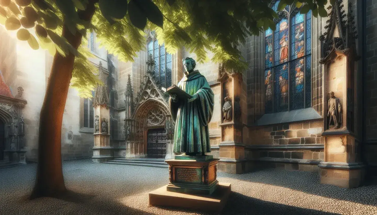 Statua in bronzo di monaco del XVI secolo con penna e libro su piedistallo di pietra, sfondo di chiesa gotica e alberi, luce pomeridiana.