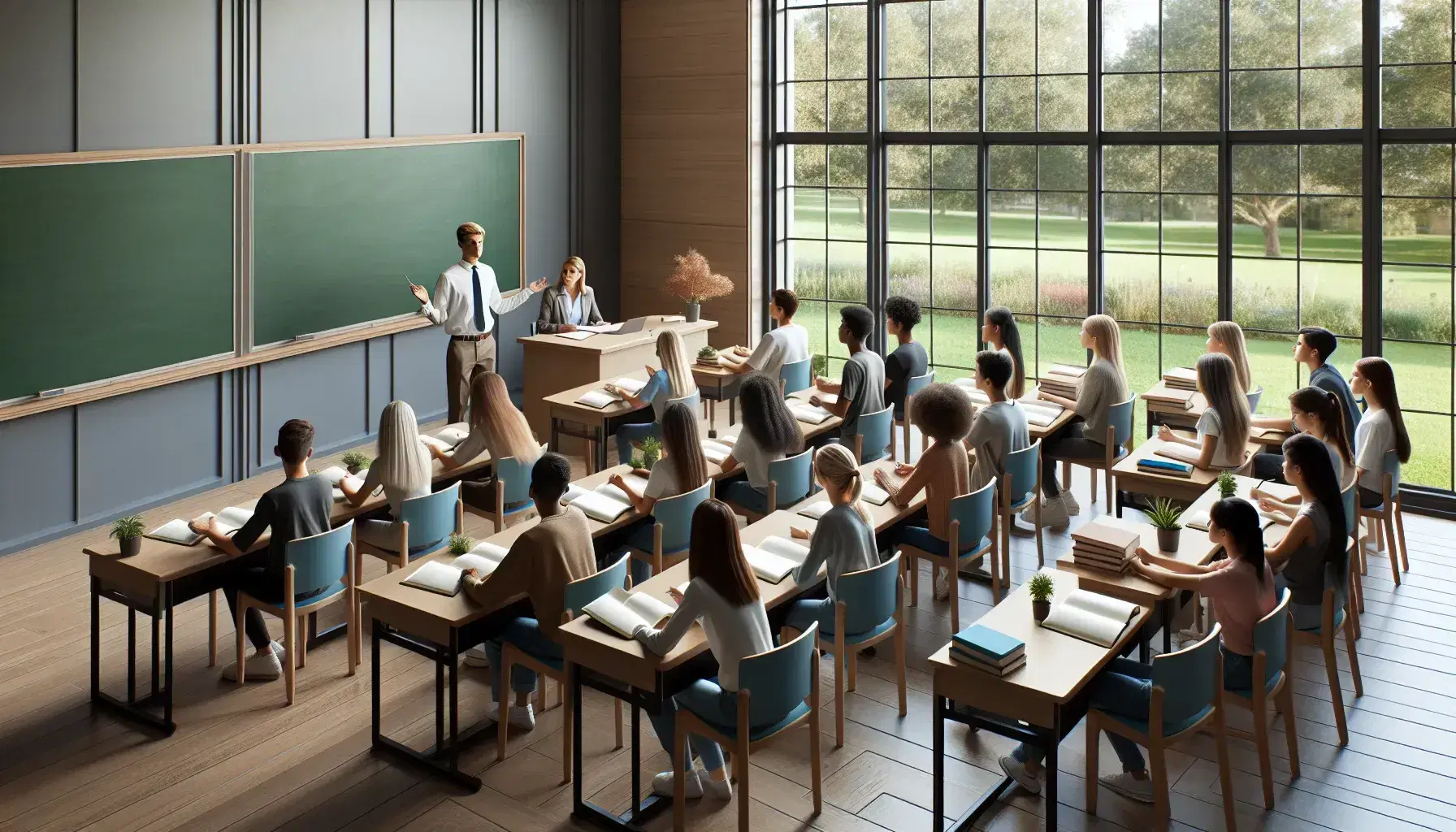 Diverse group of attentive students with textbooks in a bright classroom, engaging with an animated teacher by a chalkboard, near windows overlooking a garden.