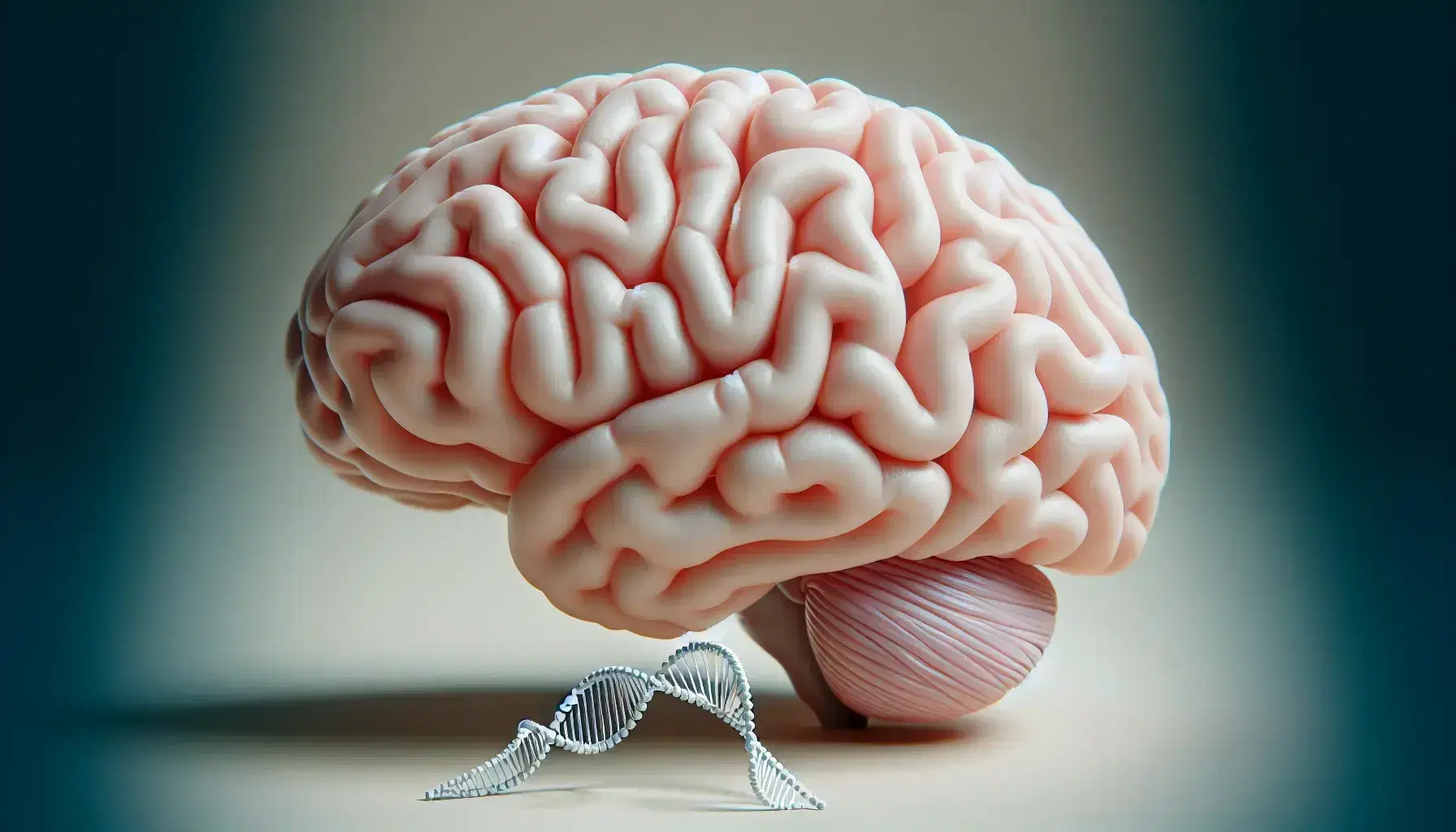 Detailed anatomical model of the human brain with sulci and gyrus next to a double helix DNA structure and colored spheres representing molecules.