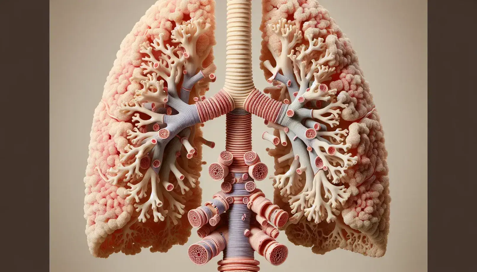 Modelo anatómico 3D del sistema respiratorio humano mostrando tráquea, bronquios y pulmones texturizados con cartílago laríngeo en la parte superior.