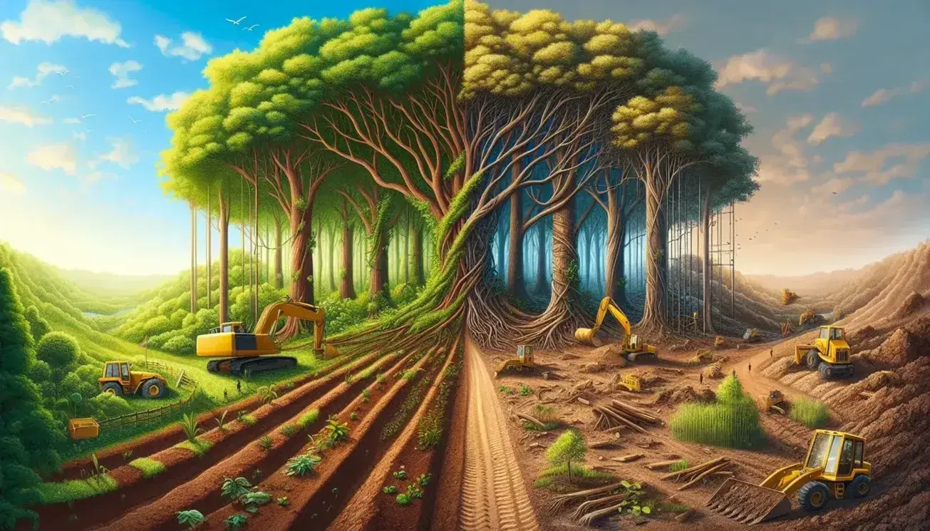 Contraste natural: bosque frondoso con cielo azul a la izquierda y terreno en construcción con maquinaria pesada a la derecha.