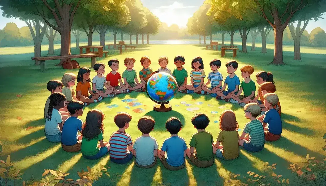 Bambini di diverse etnie seduti in cerchio su un prato verde osservano un mappamondo colorato, sotto la luce solare filtrata dagli alberi.