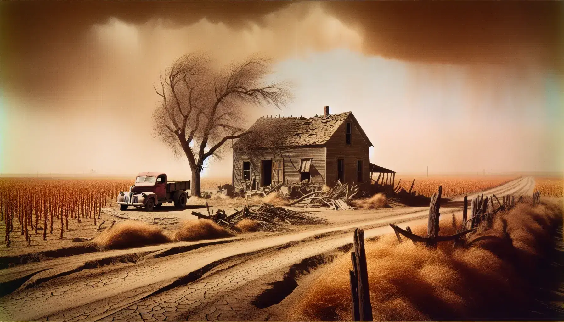 Dust Bowl era rural landscape with decaying wooden farmhouse, barren fields, and a faded red truck under a dusty orange sky, evoking desolation.
