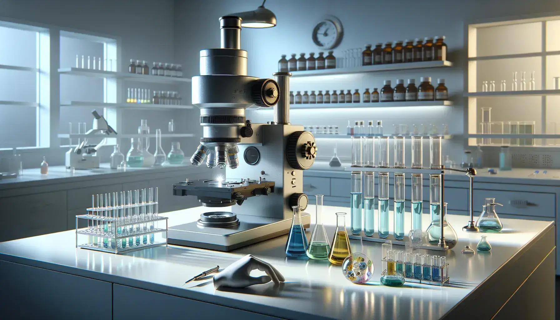 Laboratorio scientifico moderno con microscopio elettronico, provette con liquidi colorati e becher su banco di lavoro pulito.