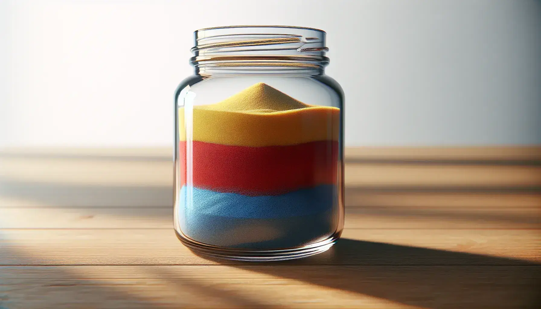 Three-layered sand art in a clear glass jar with distinct red, yellow, and blue sections on a wooden table against a soft gradient background.