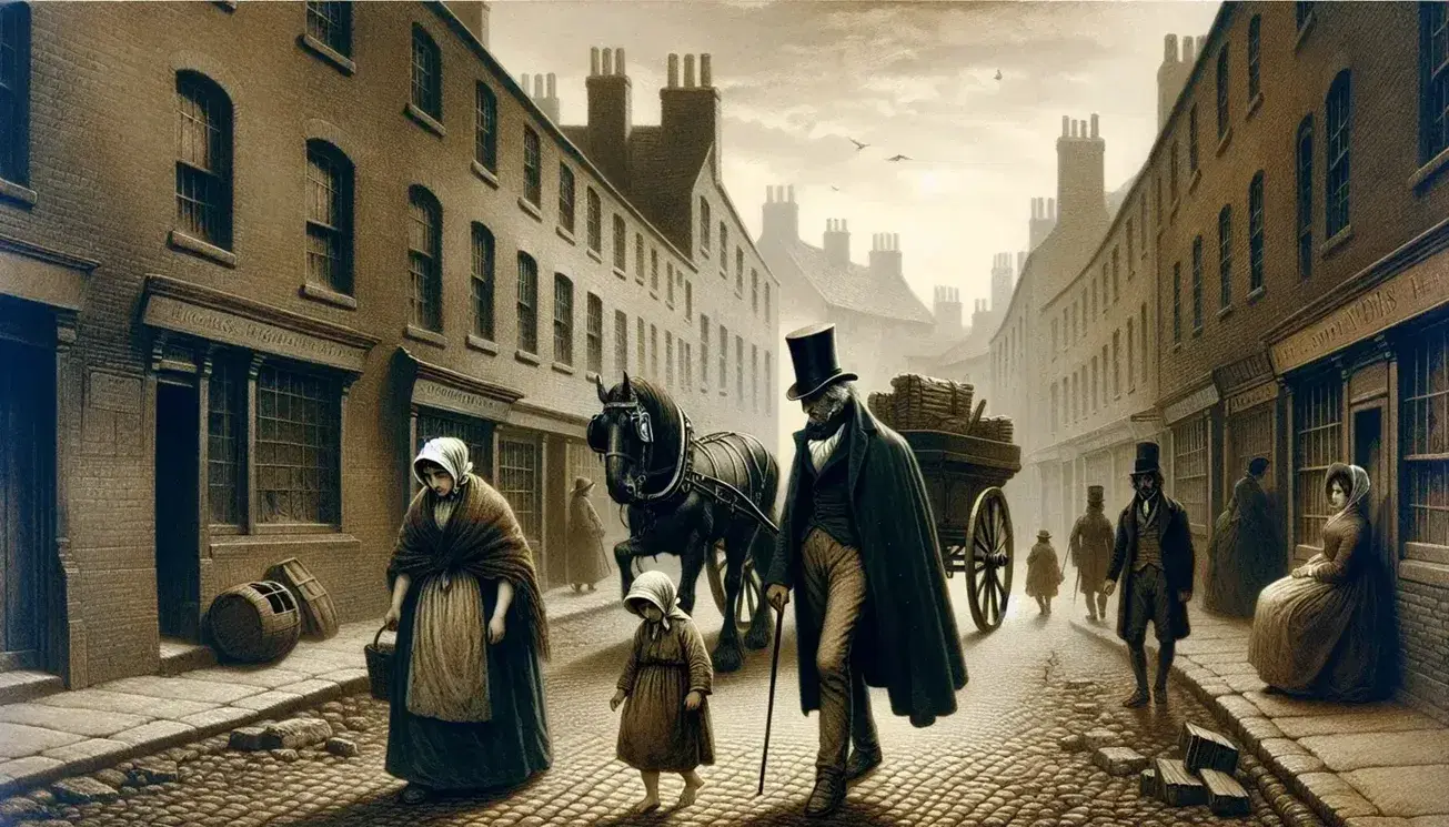 Late 18th-century cobblestone street with pedestrians in period attire, horse-drawn cart, and historic urban buildings under an overcast sky.