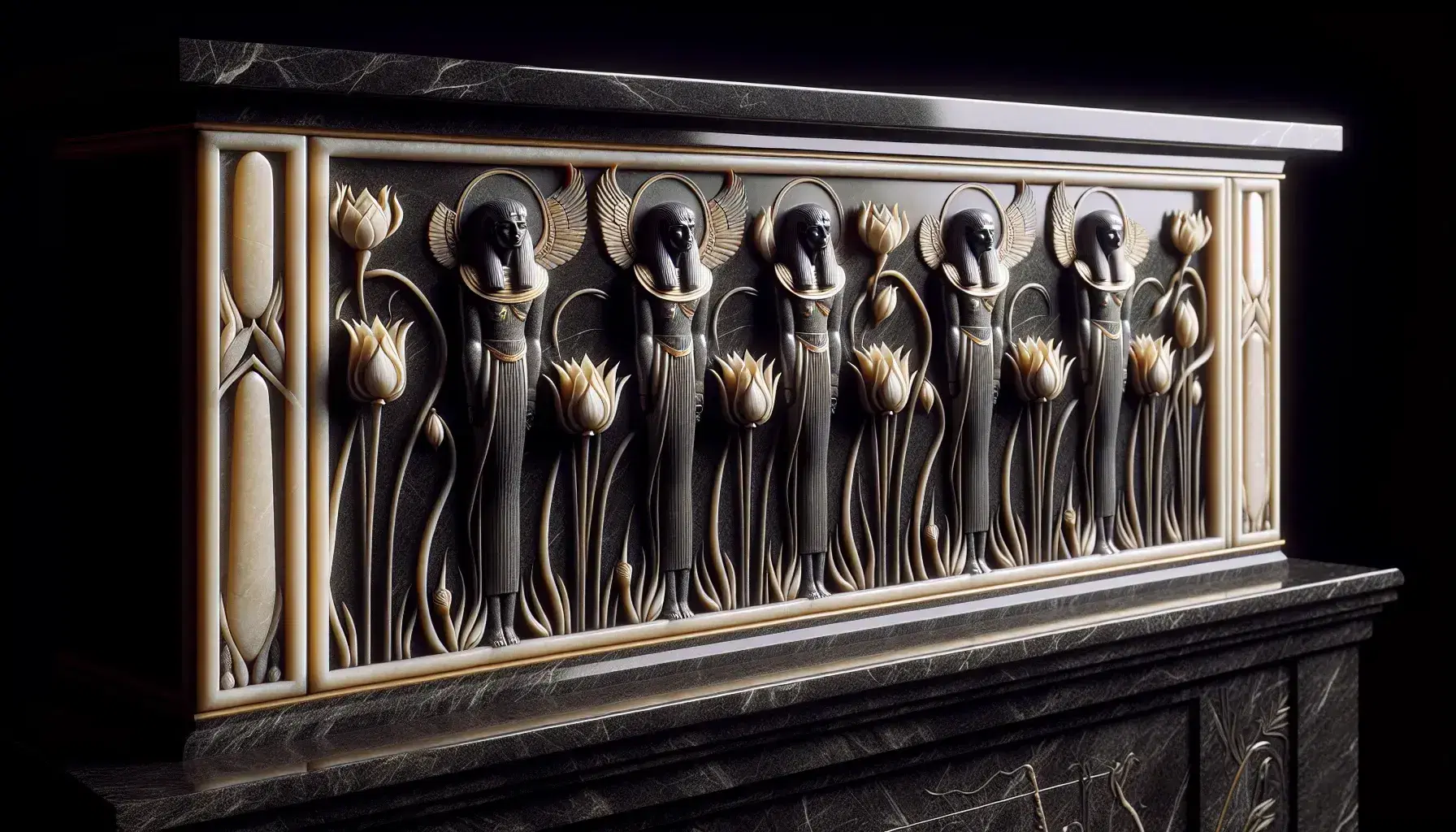 Detail of an Egyptian style fireplace with lotus inlay, golden falcon-like figures and papyrus pipes on polished black granite.