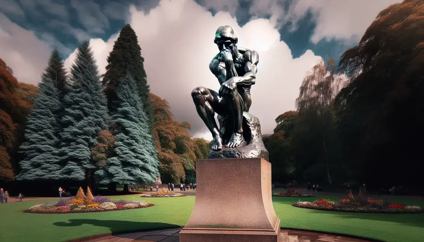Estatua de bronce de un hombre pensativo con vestimenta del siglo XIX en un parque, sobre pedestal de piedra, rodeado de árboles otoñales y jardín florido.