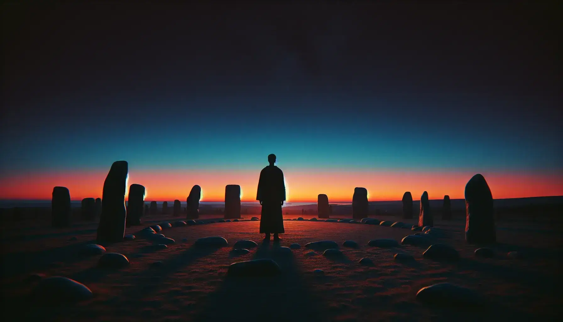 Silueta de una persona en atuendo antiguo contemplando un atardecer con cielo degradado y piedras circulares en primer plano.