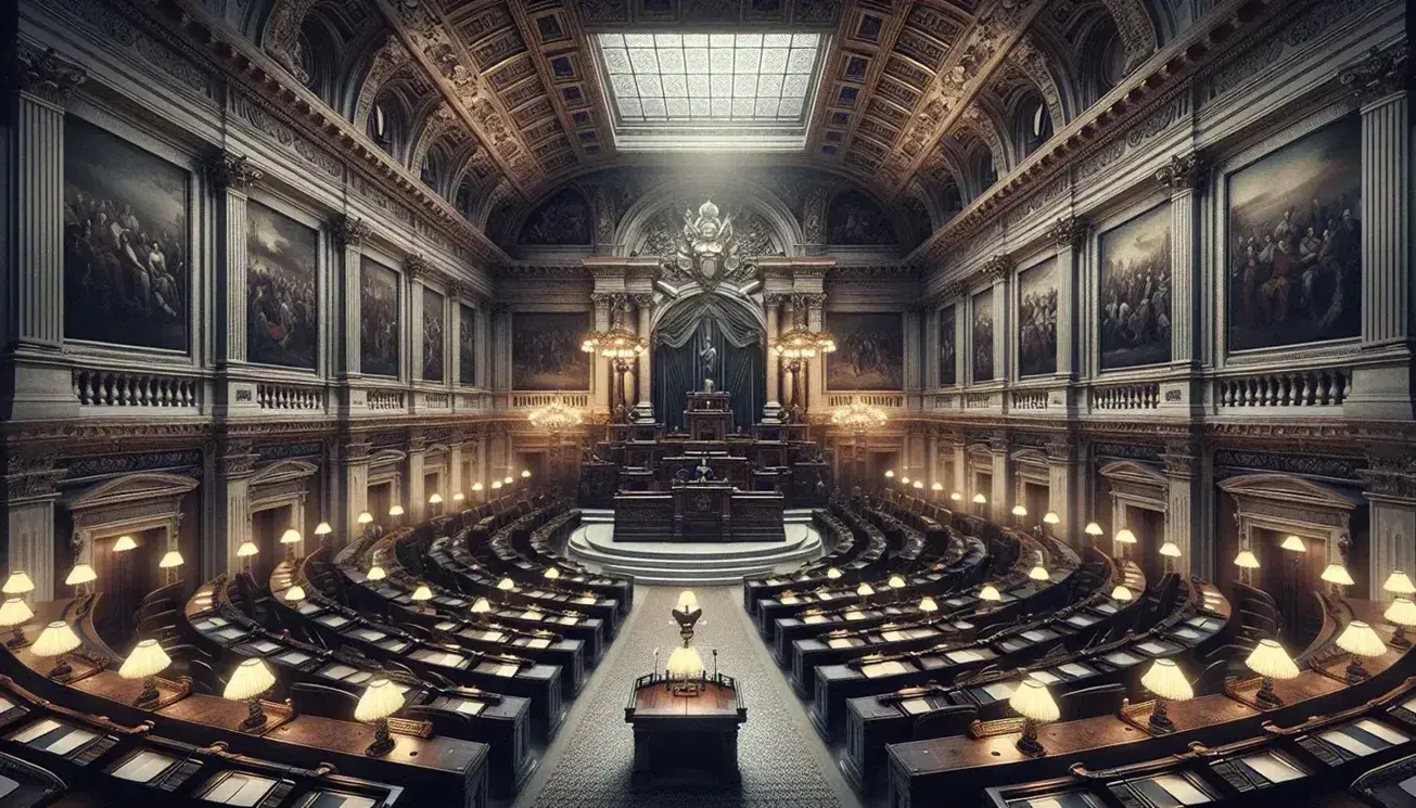 Sala semicircolare con scrivanie in legno e microfoni per parlamentari, podio centrale e orologio su parete decorata, in edificio governativo italiano.