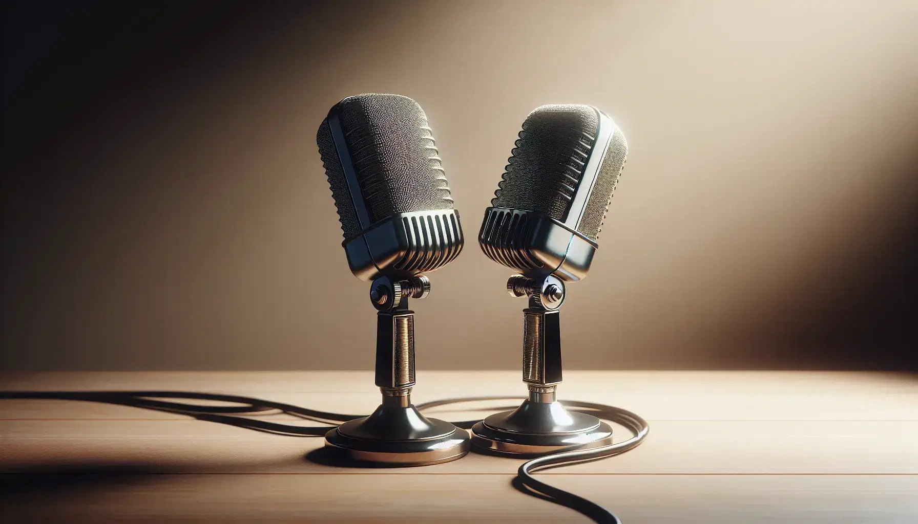 Two vintage silver microphones on a wooden table, angled towards each other against a soft beige to taupe gradient background, with no visible text.