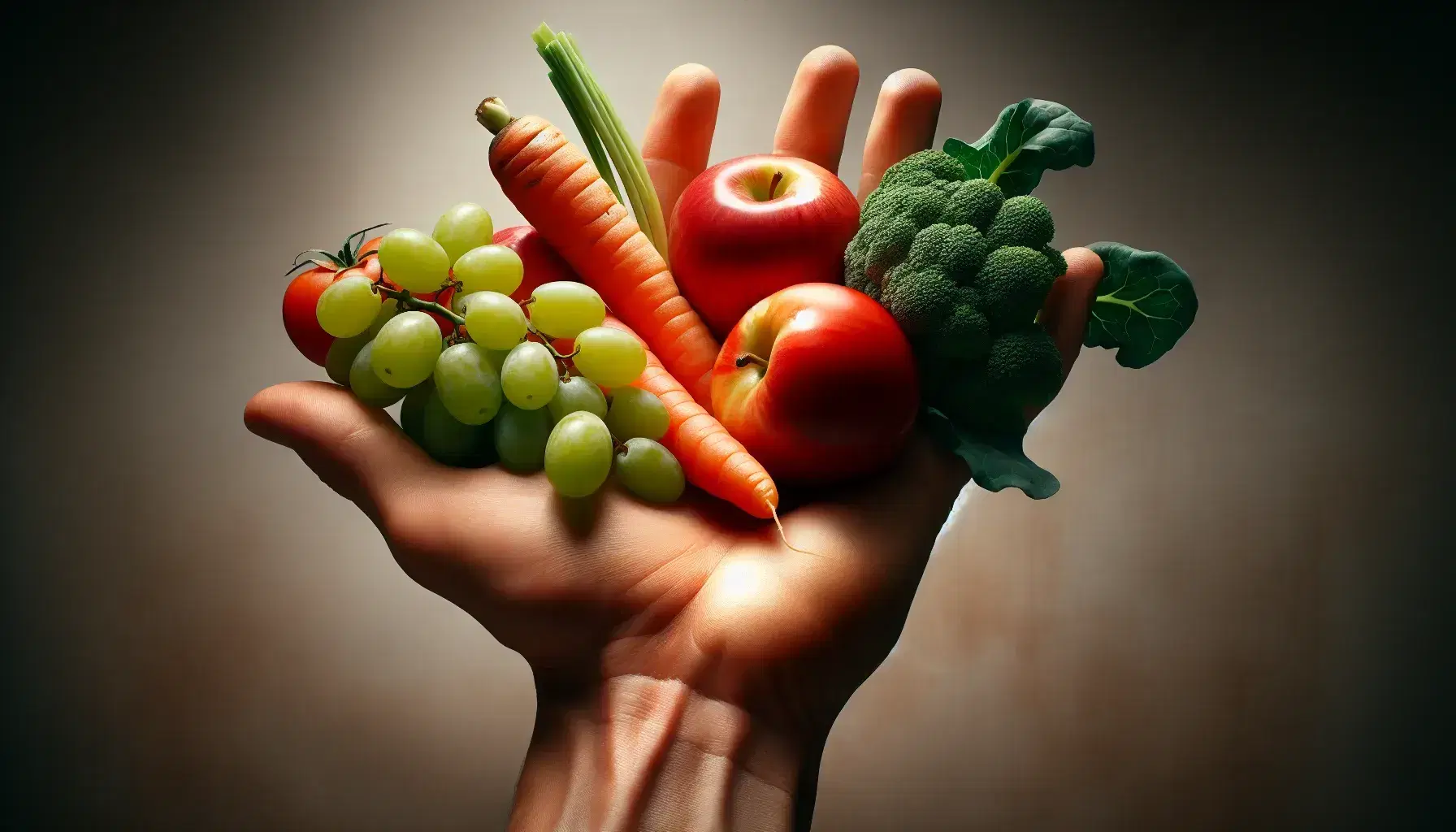 Mano abierta sosteniendo frutas y verduras frescas, incluyendo manzana roja, uvas verdes, zanahoria naranja, tomate rojo y brócoli, sobre fondo neutro.