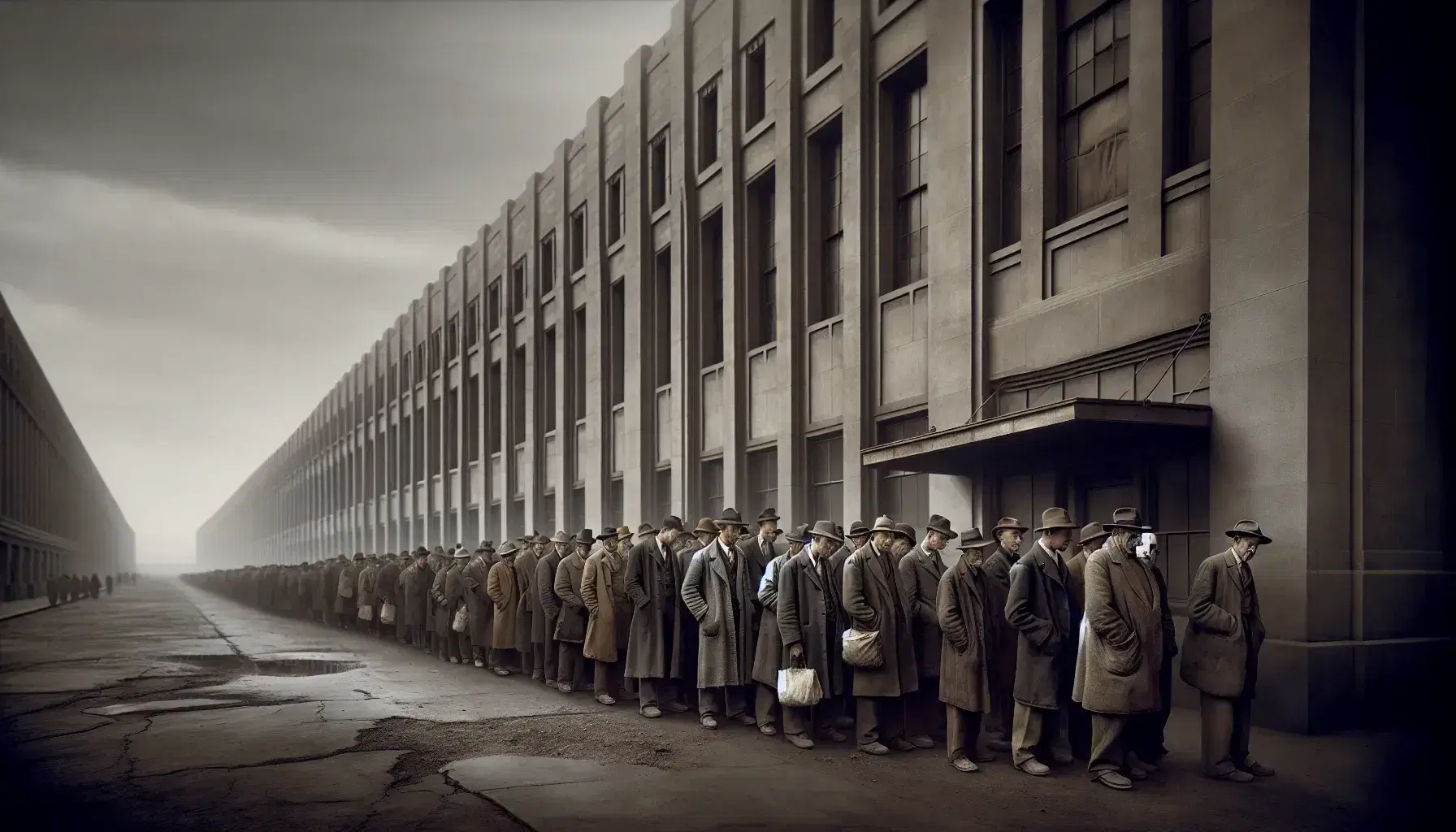 Queue of men in worn attire waiting outside a large stone building under a gray sky, evoking the hardship of the Great Depression.
