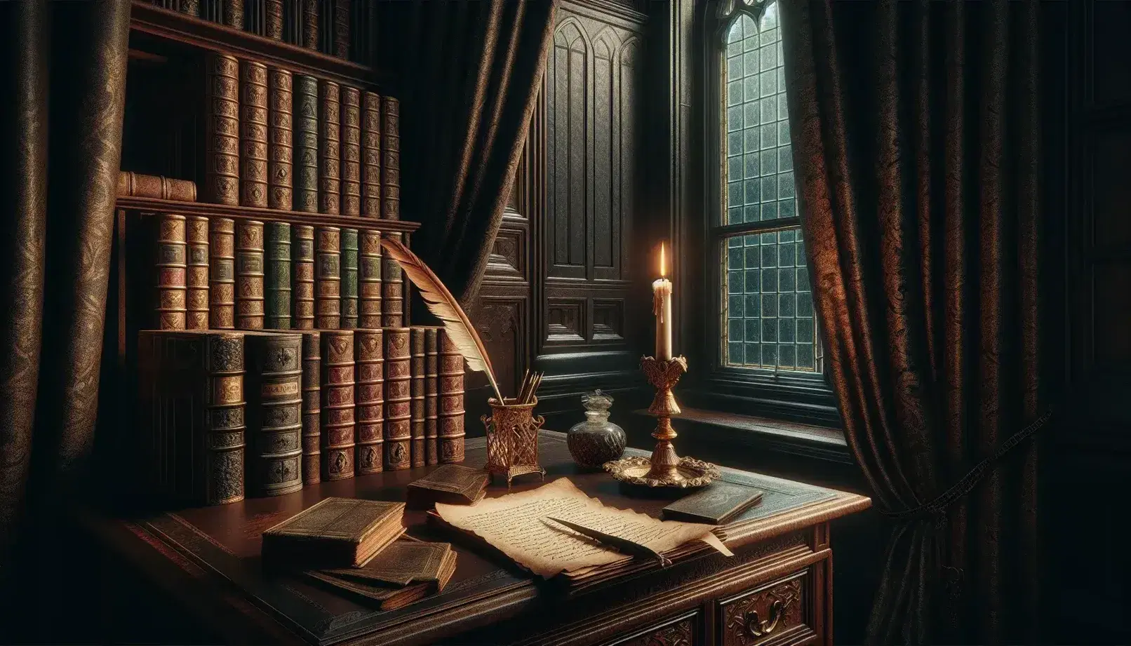 Victorian-era desk with feather quill and inkwell, aged manuscripts, and lit candle in a dark room with heavy drapes and a bookshelf of leather-bound books.