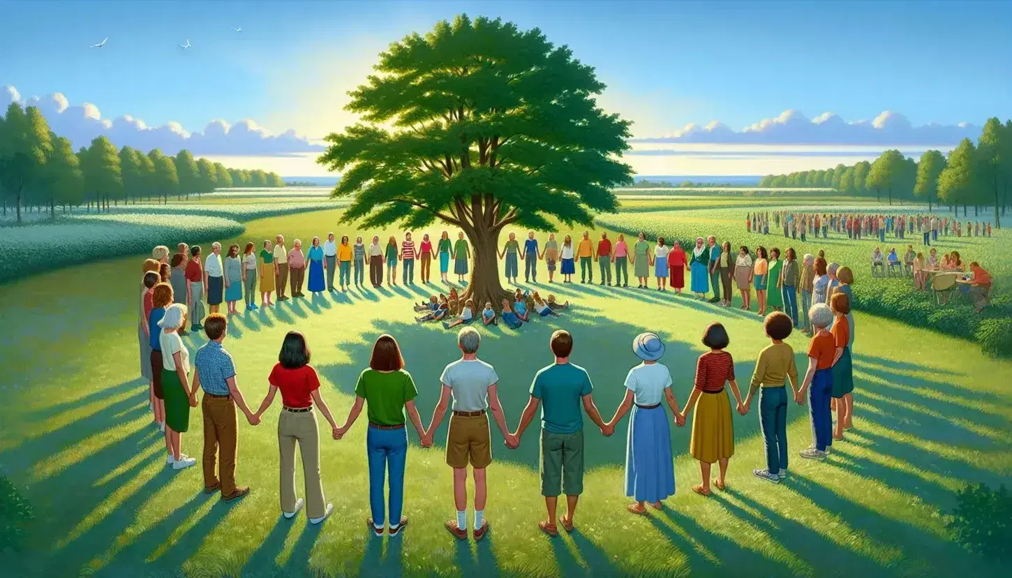 Grupo diverso de personas unidas de la mano en círculo alrededor de un árbol frondoso, al aire libre en un día soleado con cielo azul.