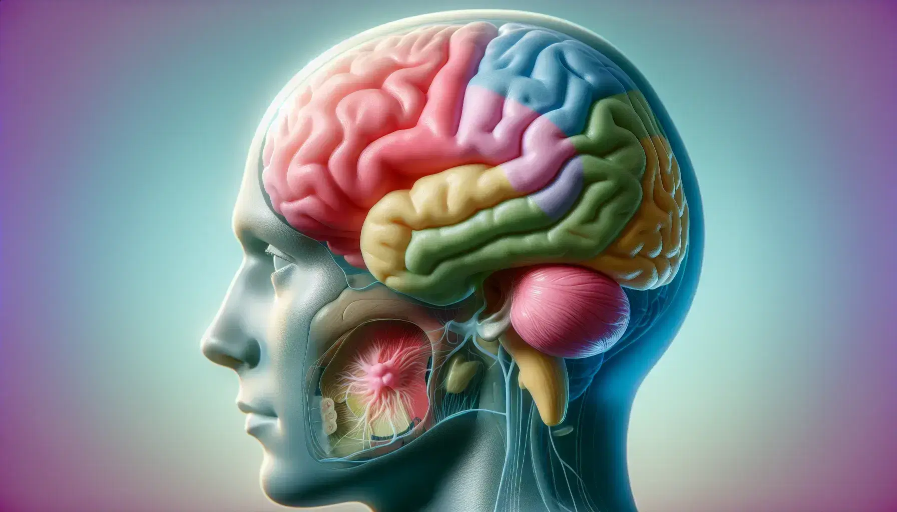 Anatomical model of the human brain colored by region, with the limbic system in red and a translucent human face superimposed in the foreground.