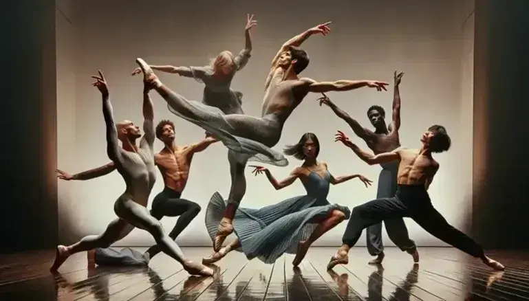 Cinco bailarines en escena con vestuario de danza, realizando movimientos expresivos y poses artísticas bajo iluminación suave.