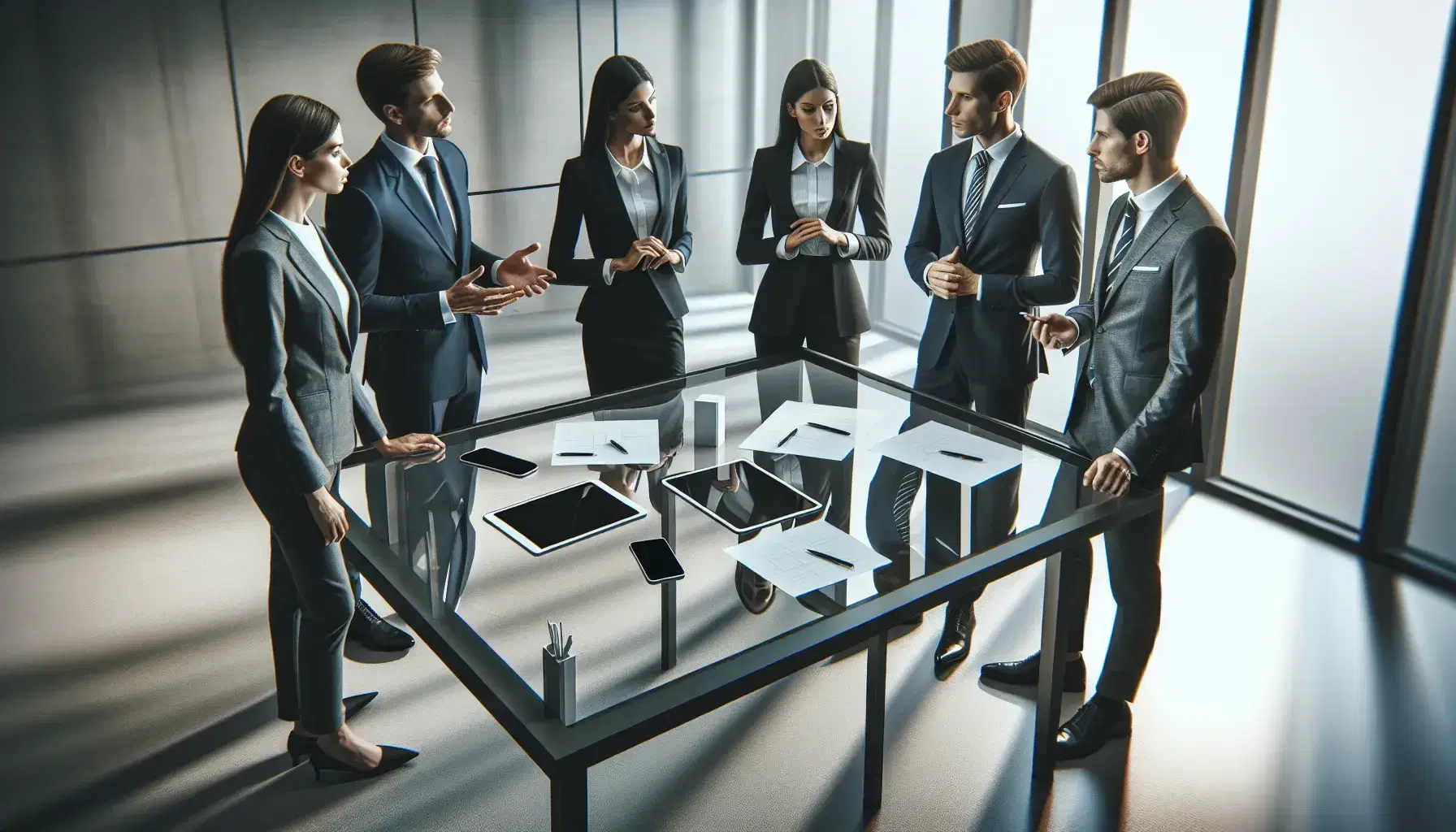 Grupo de cinco profesionales en oficina moderna discutiendo alrededor de una mesa de vidrio con tabletas digitales, smartphone y papeles.