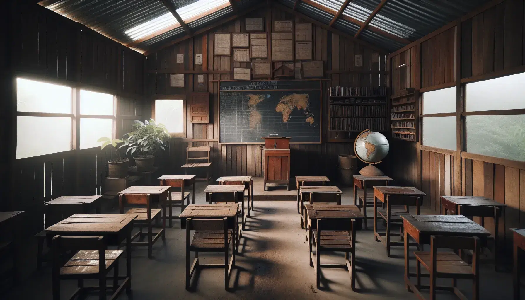Aula rural con pupitres de madera y pizarra vacía, globo terráqueo mostrando América, ventana abierta y estantería con libros desordenados.