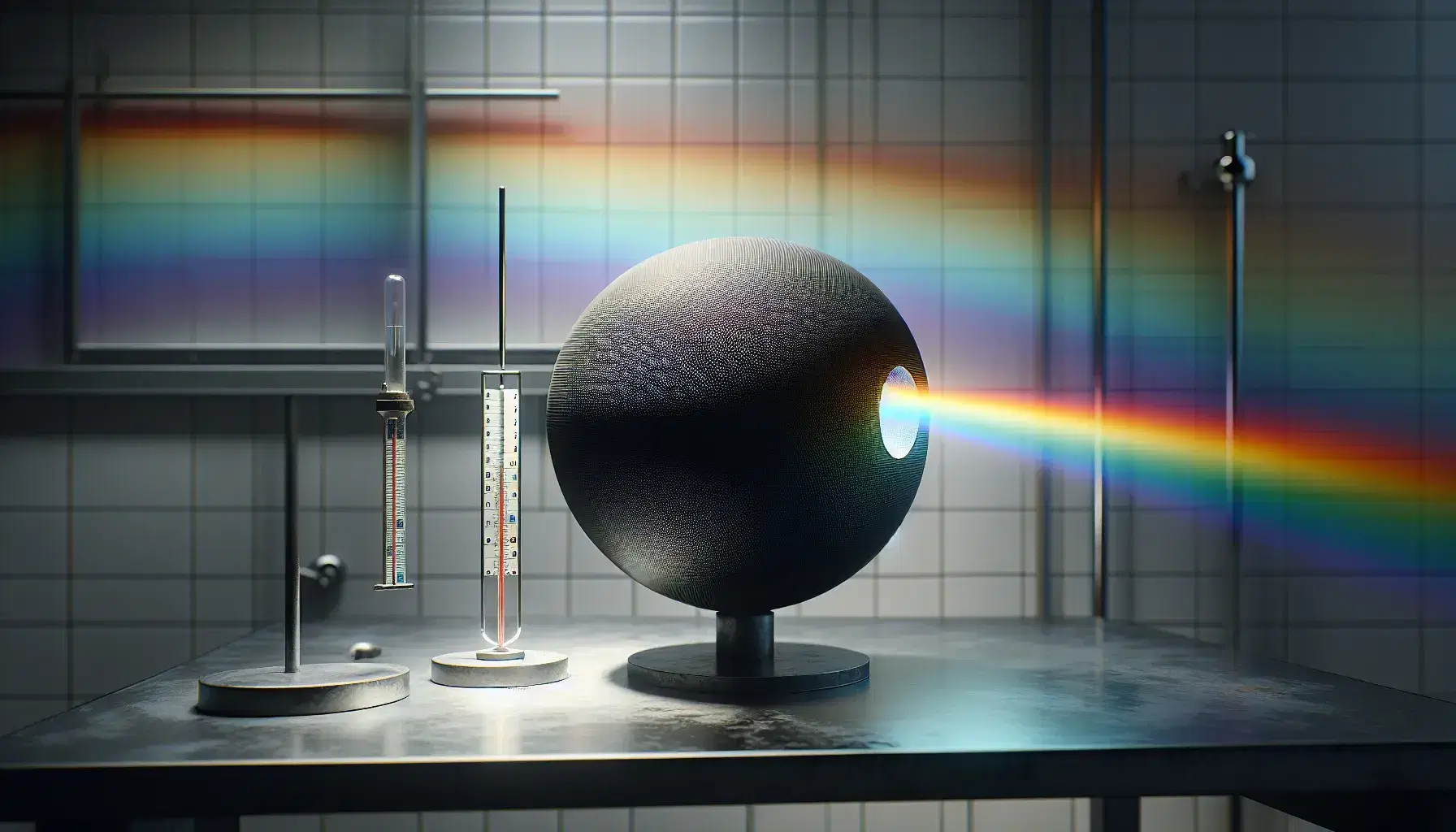 Laboratory blackbody radiator on a table with a prism dispersing a beam of light into a color spectrum on the wall, and a mercury thermometer in the foreground.