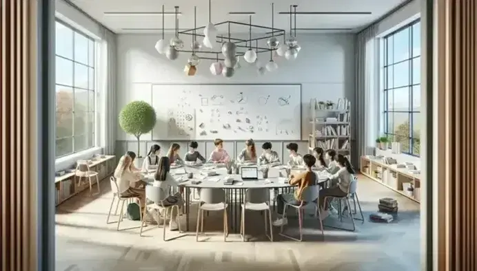 Aula scolastica moderna e luminosa con studenti assorti in lavoro di gruppo attorno a un tavolo ovale, materiali didattici vari e piante verdi.