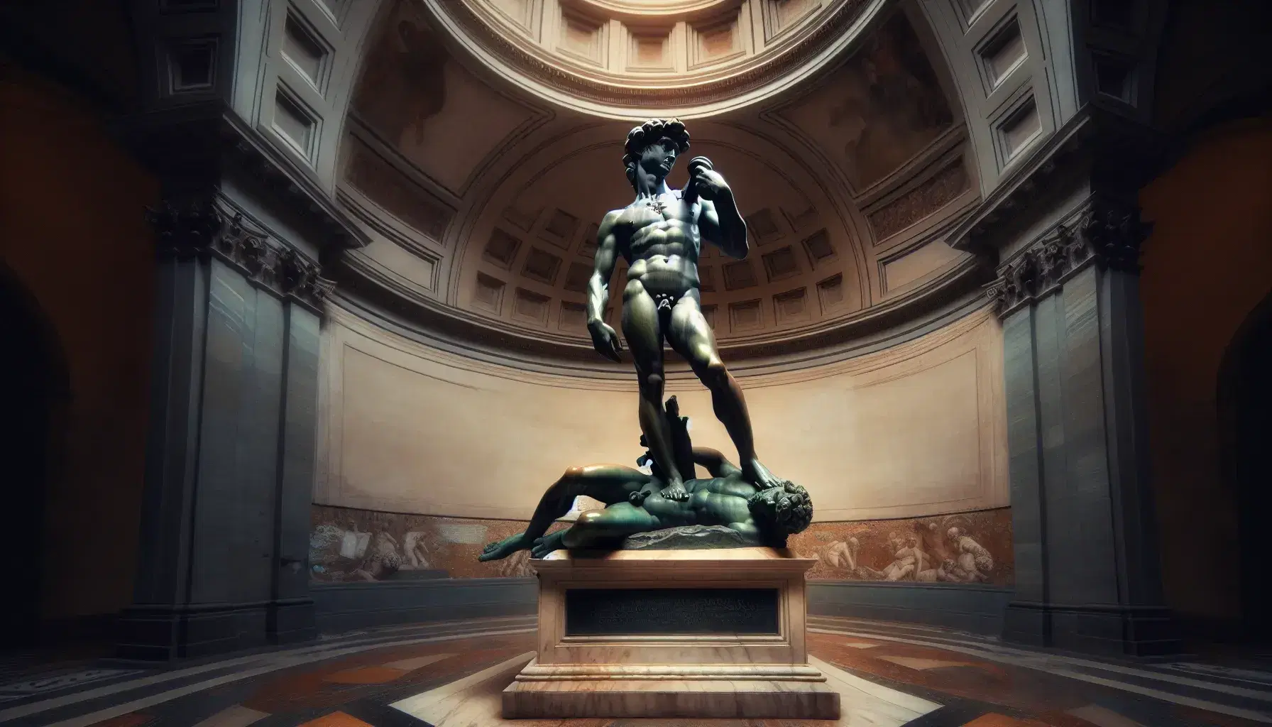 Statua in bronzo di David di Donatello su piedistallo marmoreo, con dettagli anatomici evidenziati da luci e ombre, in ambiente storico sfocato.