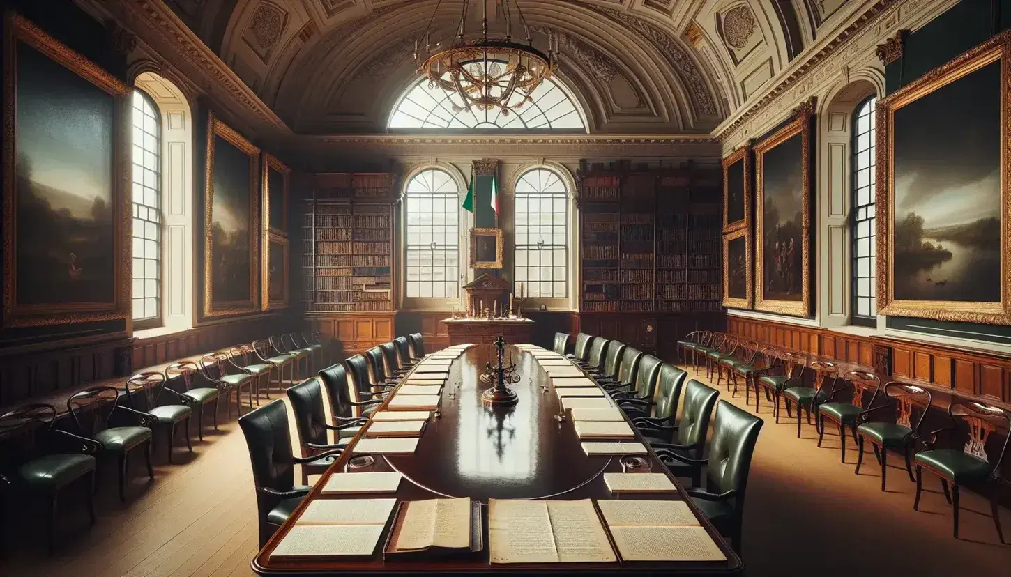 Sala storica con tavolo ovale in legno, sedie imbottite, finestra ad arco, libreria e bandiera italiana, senza persone.