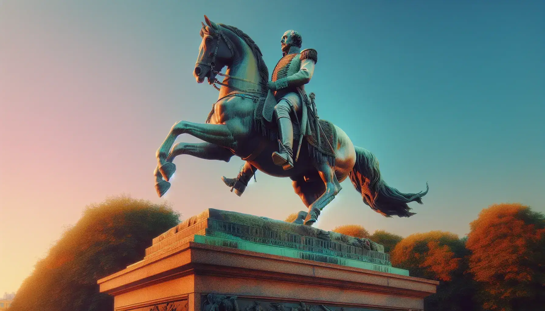 Estatua ecuestre de bronce de un militar en uniforme de época sobre caballo encabritado, en pedestal de piedra, con cielo azul y árboles verdes de fondo.