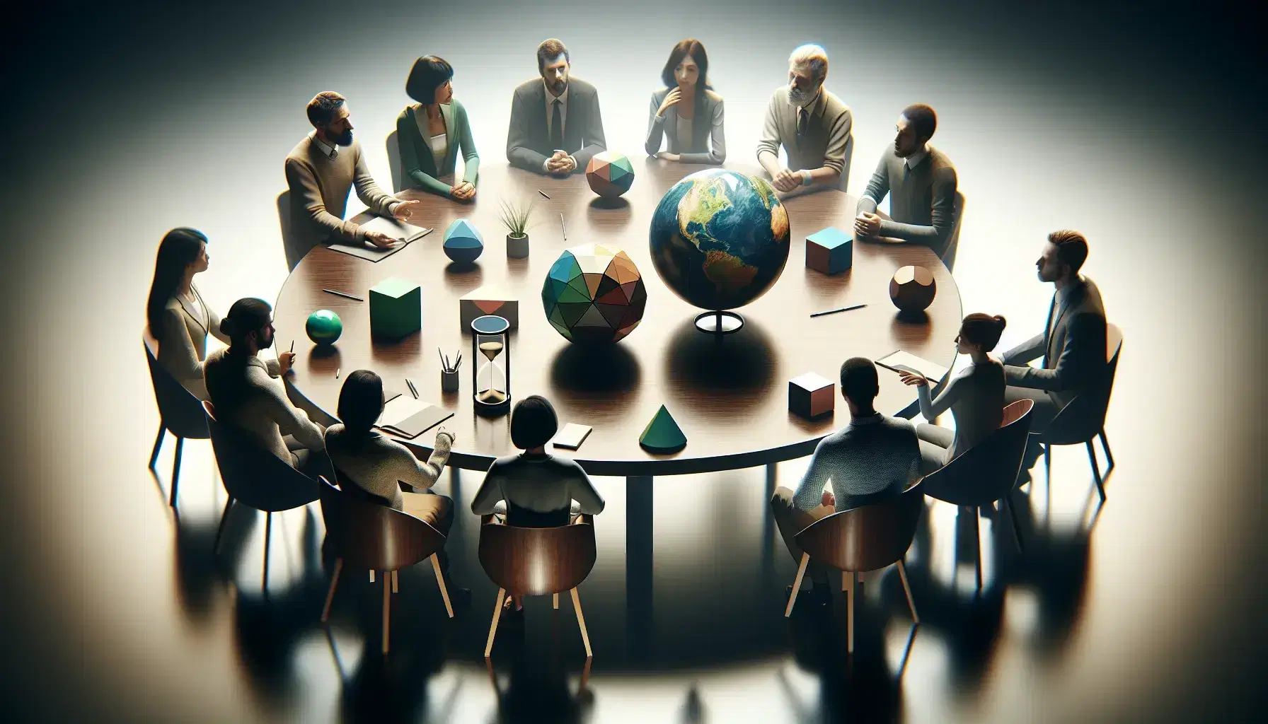 Grupo diverso en reunión alrededor de una mesa redonda con un globo terráqueo y figuras geométricas, en un ambiente de discusión seria.