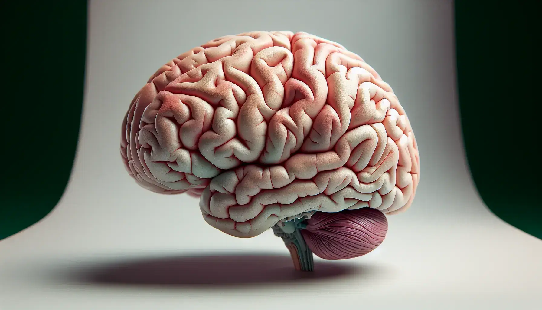 Modelo anatómico tridimensional del cerebro humano mostrando hemisferios, surcos y cerebelo en fondo neutro.