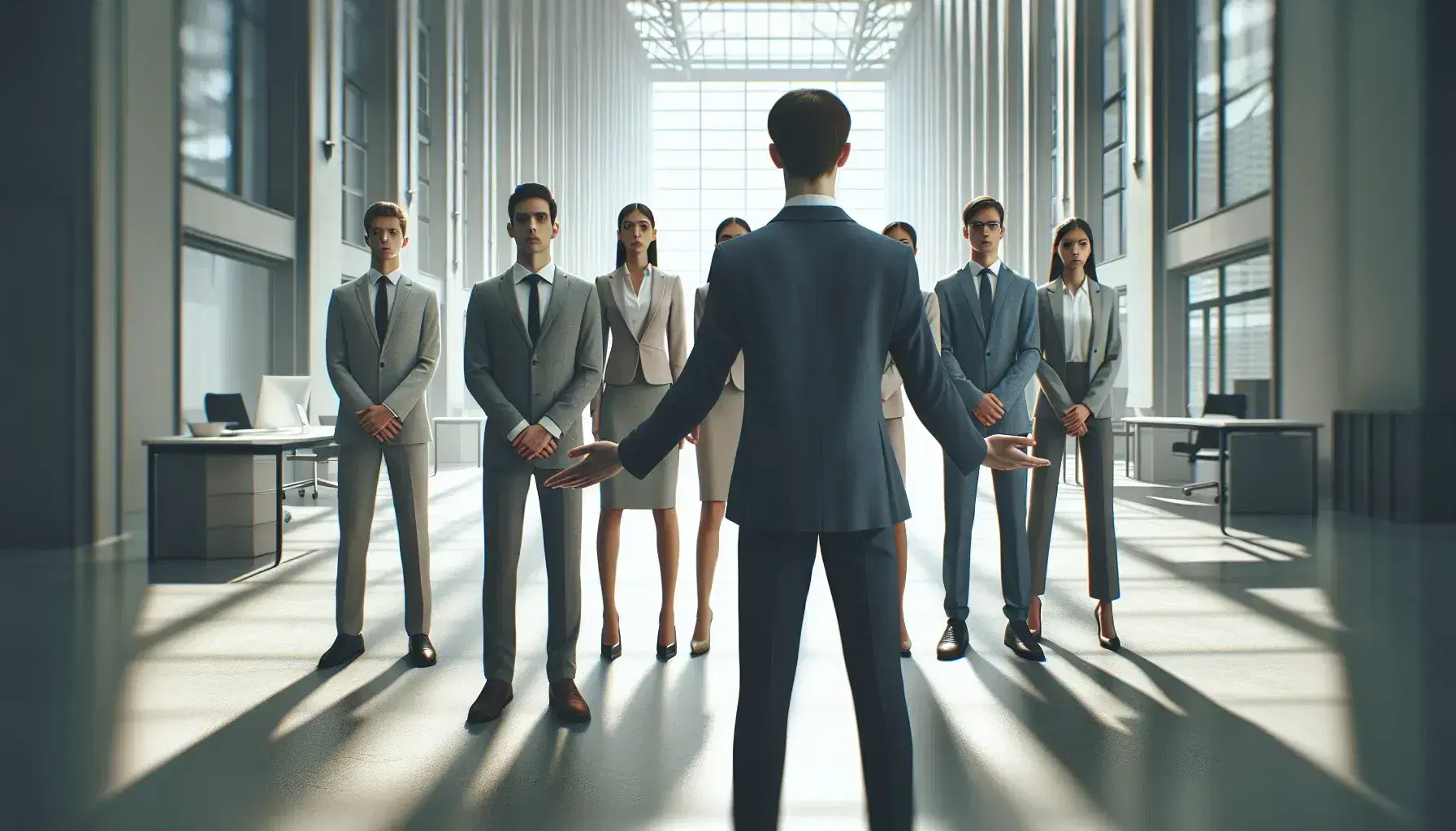 Grupo de cinco profesionales en formación en V liderados por una persona gestualizando en un espacio de oficina moderno y luminoso.