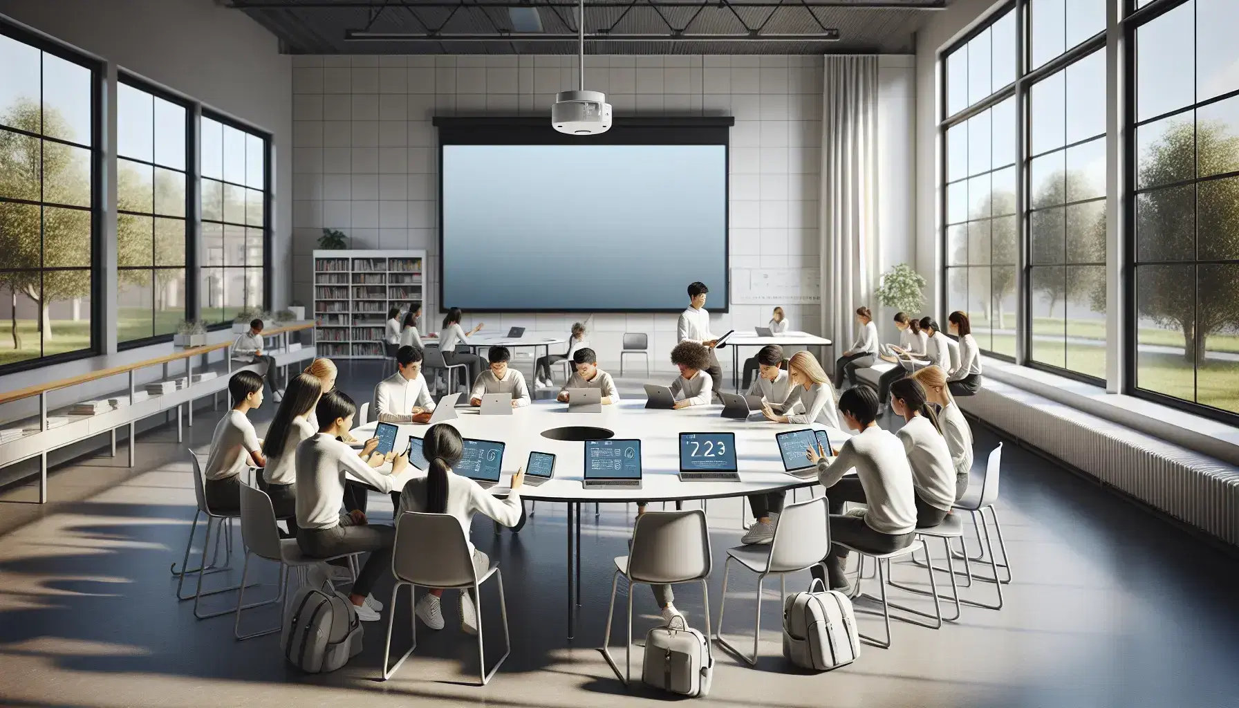 Aula scolastica moderna e luminosa con studenti diversificati attorno a un tavolo ovale, utilizzando tablet e laptop, insegnante interagente e lavagna interattiva.