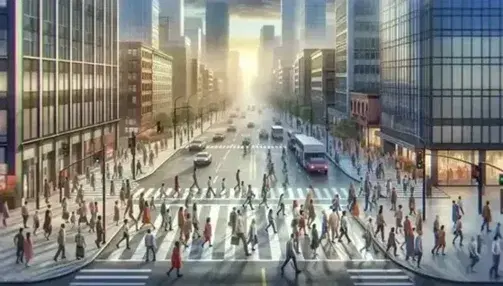 Diverse pedestrians crossing an urban intersection with tall buildings and vehicles, reflecting a vibrant city life under a gradient blue sky.