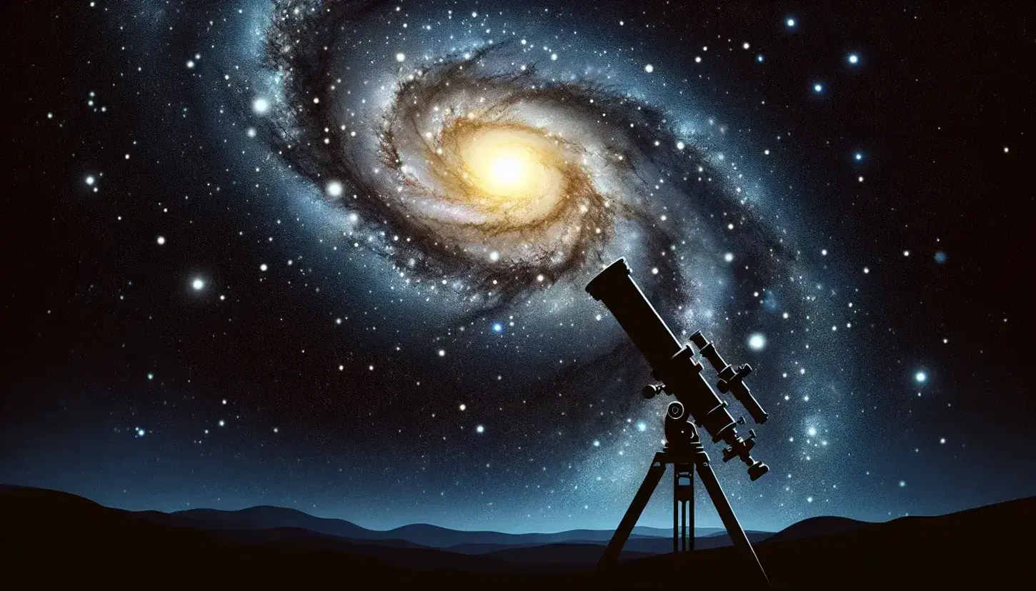 Cielo nocturno estrellado con galaxia espiral de núcleo brillante y brazos en azul y rosa, y telescopio reflector en silueta apuntando al cosmos.
