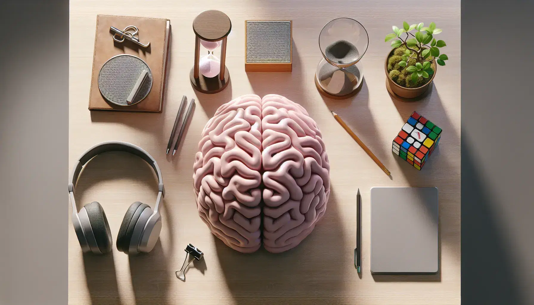 Vista aérea de un escritorio de madera con un cerebro humano 3D, un reloj de arena, un cubo de Rubik parcialmente resuelto, auriculares negros y un bonsái.