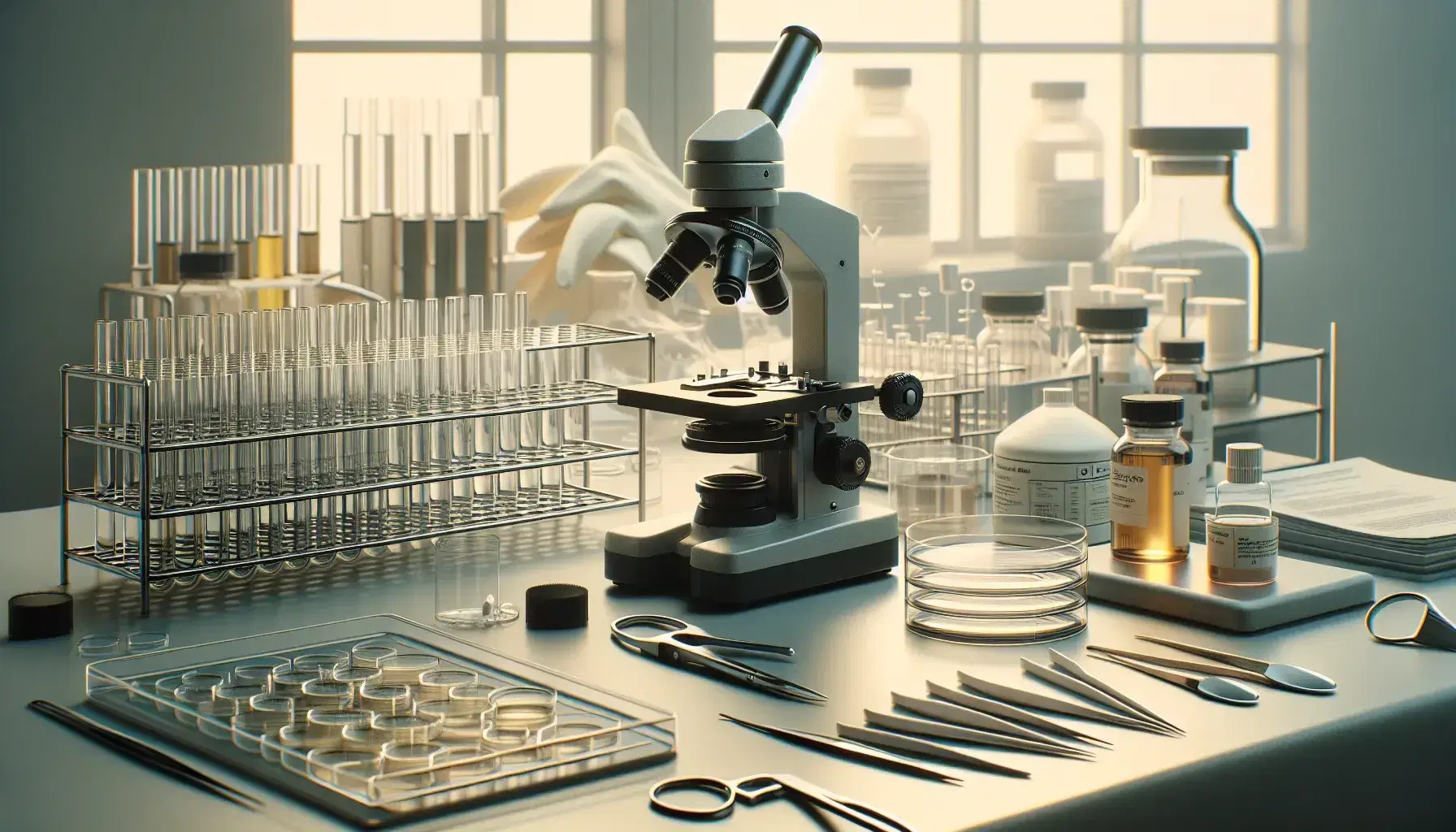 Mesa de laboratorio con microscopio enfocado en muestra, pilas de placas de Petri y tubos de ensayo con líquidos coloridos, pinzas y guantes de látex en fondo iluminado.