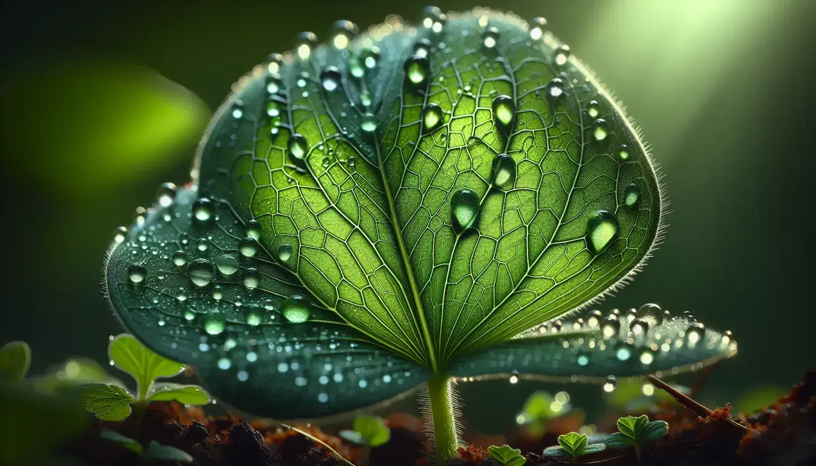 Hoja verde brillante con gotas de agua y textura veteada, reflejando luz en un fondo desenfocado de vegetación.