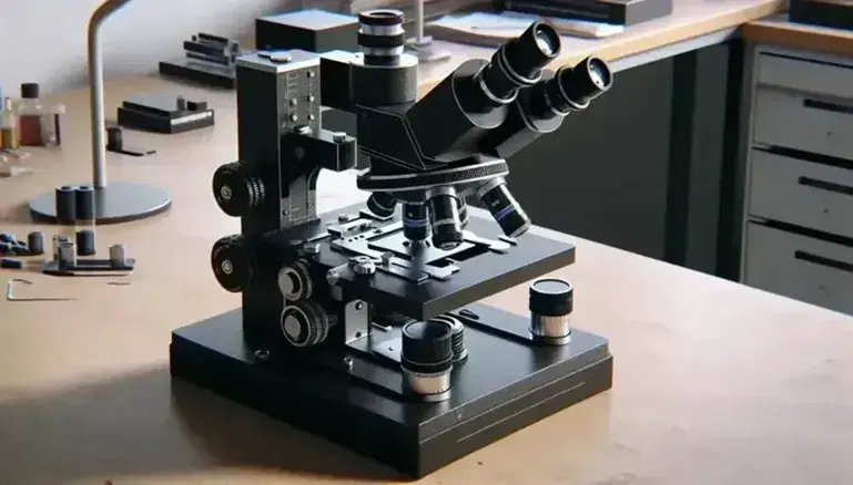 Microscopio óptico de laboratorio con base negra, brazo metálico, tubo con ocular, revolver con cuatro objetivos y platina con pinzas, sobre mesa clara.