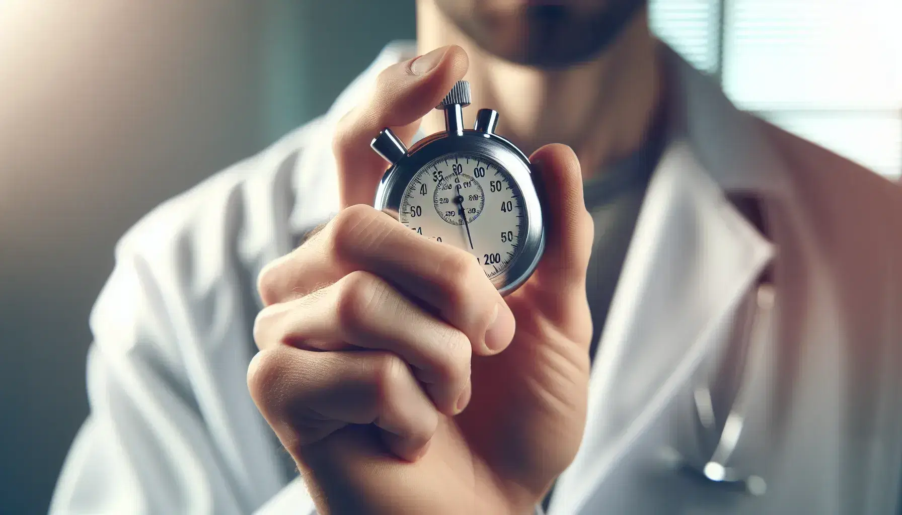 Close-up of a metallic chronometer in the hand of a researcher in a white coat, ready to measure time in a blurry laboratory.