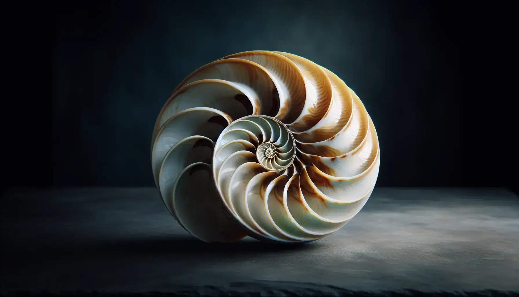 Close-up view of a nautilus shell displaying a logarithmic spiral pattern with iridescent creamy whites and sandy browns on a dark surface.