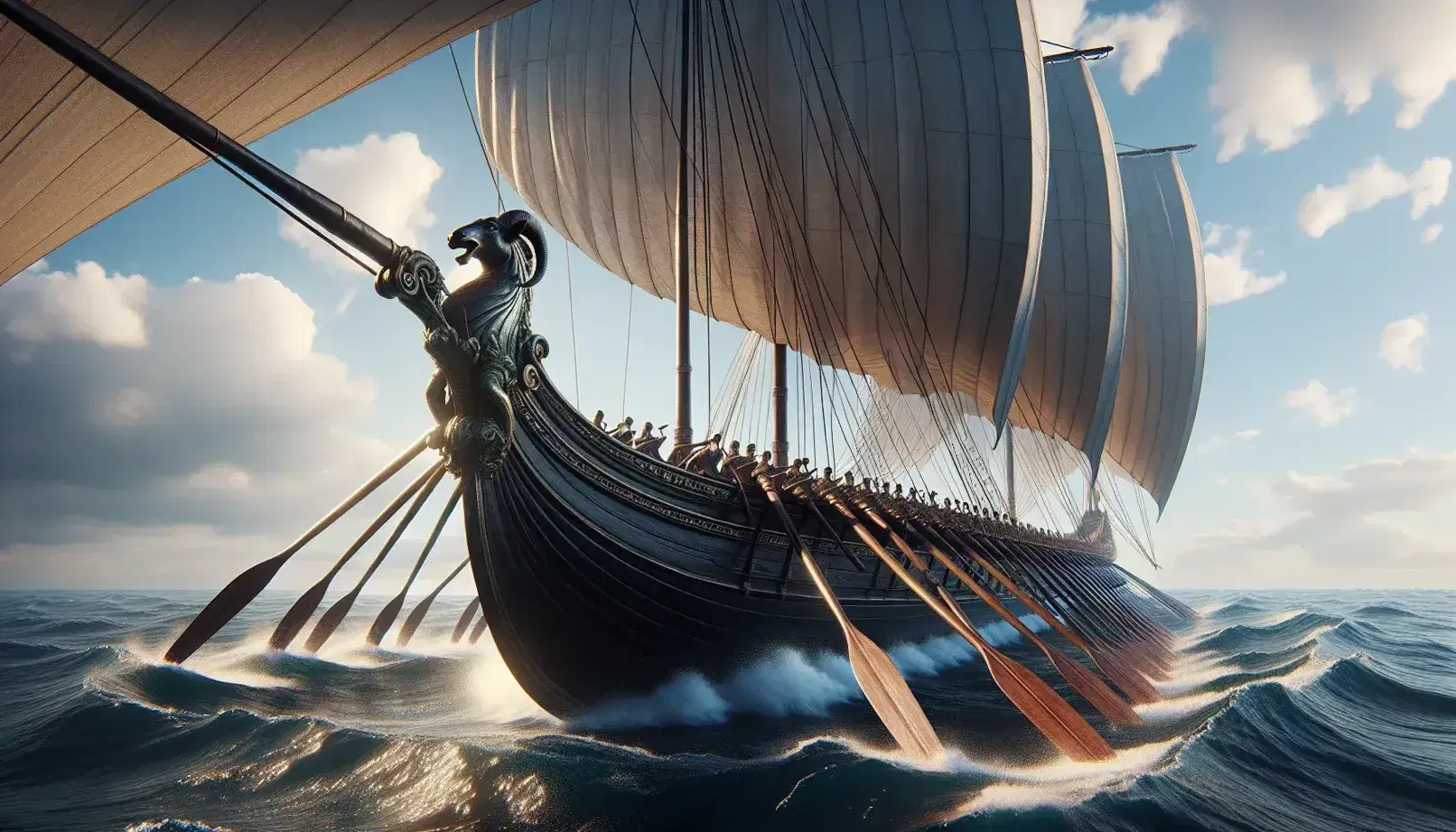 Trireme antica con tre file di remi e vela bianca naviga in mare calmo, prua ornata da testa di ariete in bronzo sotto cielo sereno.