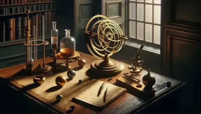 17th century wooden desk with scientific instruments, brass astrolabe, glass flask, colored powders on parchment, microscope and telescope.