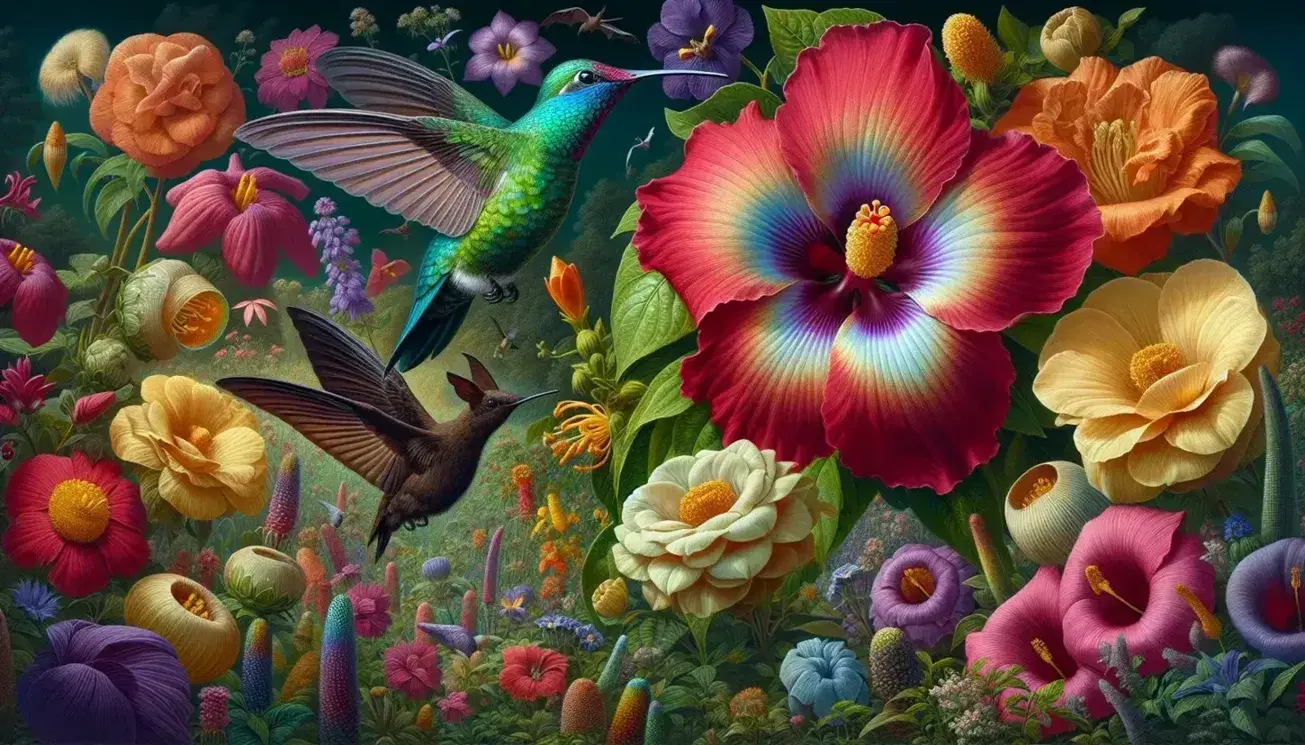 Jardín vibrante con colibrí iridiscente alimentándose de flor roja, murciélago cerca de flor blanca y abeja en flor naranja, rodeados de vegetación exuberante.