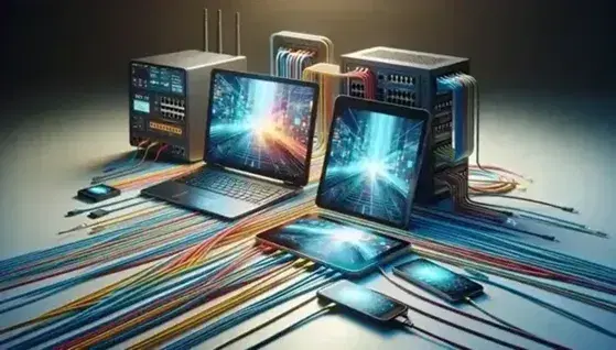 Dispositivi elettronici moderni con laptop aperto, tablet, smartphone e router su superficie chiara, cavi colorati intrecciati e pannello fibra ottica sfocato.
